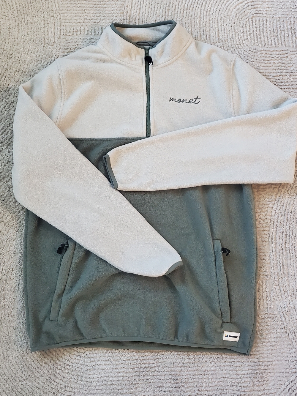 Monet Two-Tone Cream and Sage Green Half-Zip Fleece Sweater